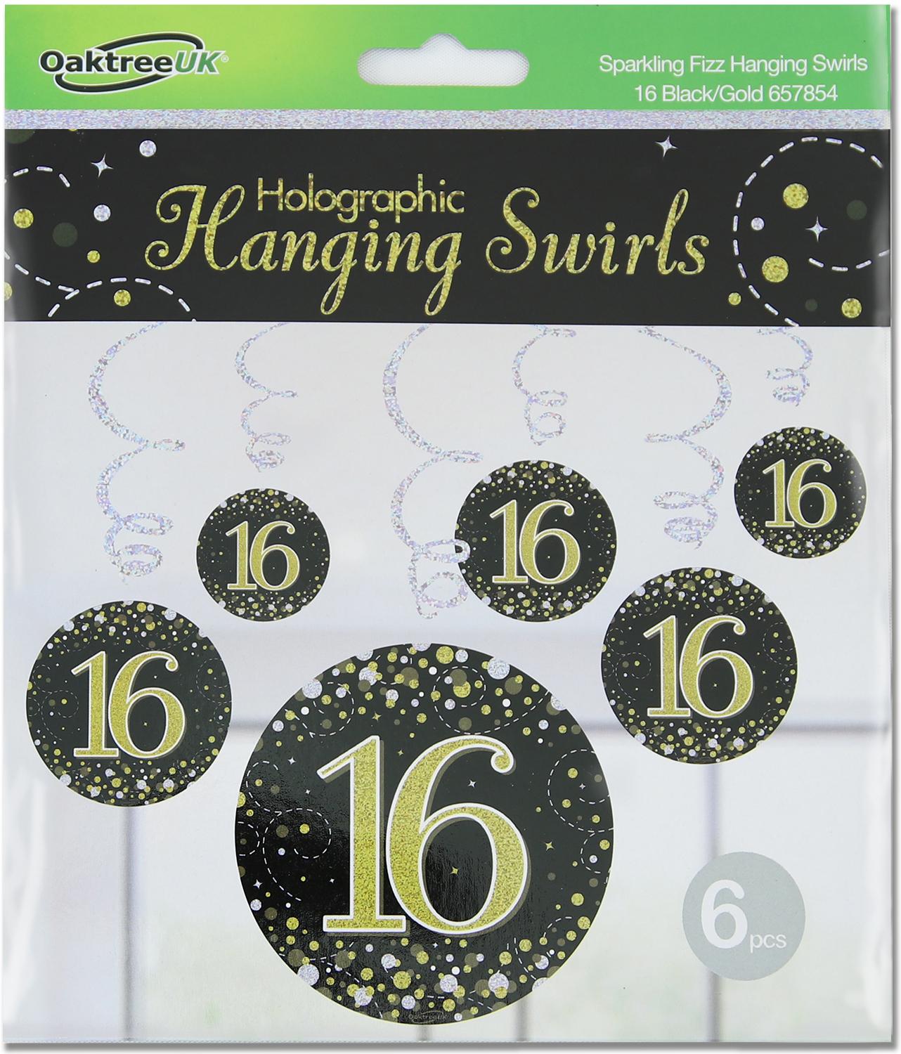 16th Black / Gold Sparkling Fizz Hanging Swirls 6pcs