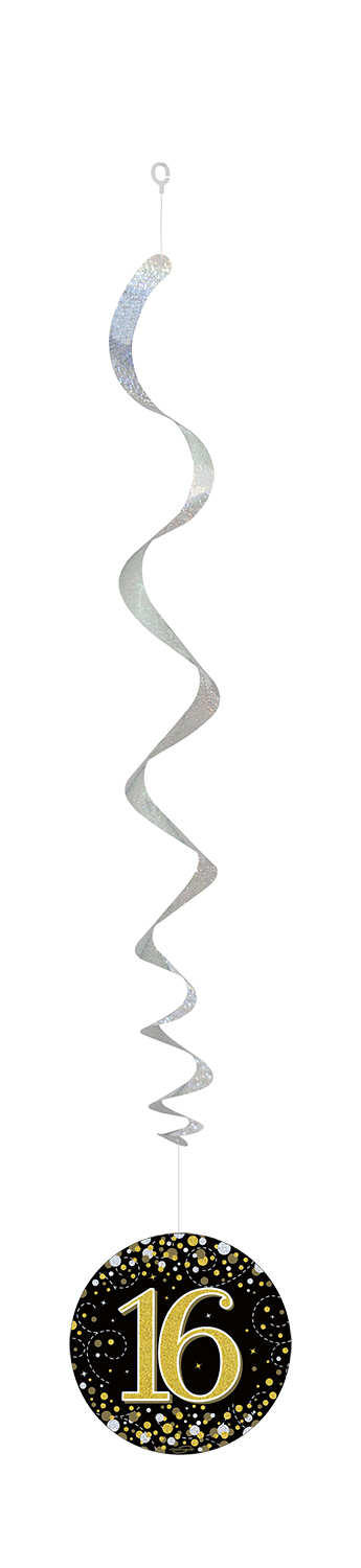 16th Black / Gold Sparkling Fizz Hanging Swirls  6pcs