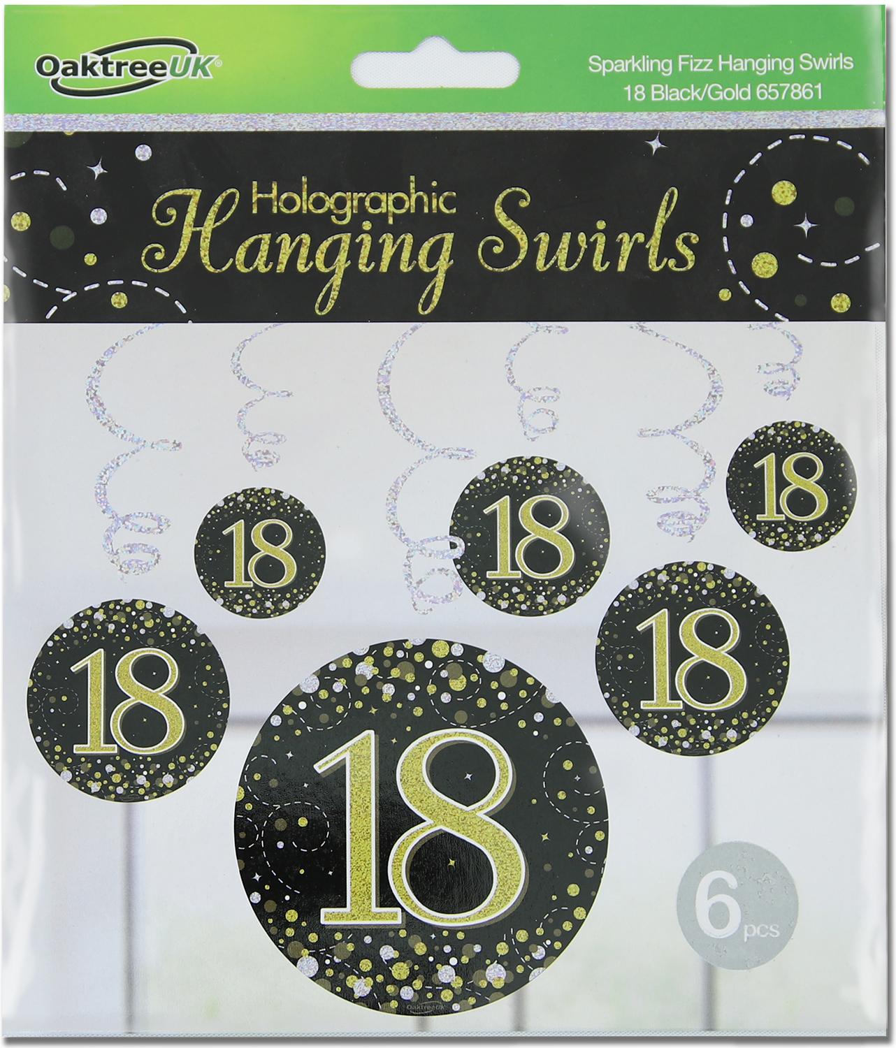 18th Black / Gold Sparkling Fizz Hanging Swirls 6pcs