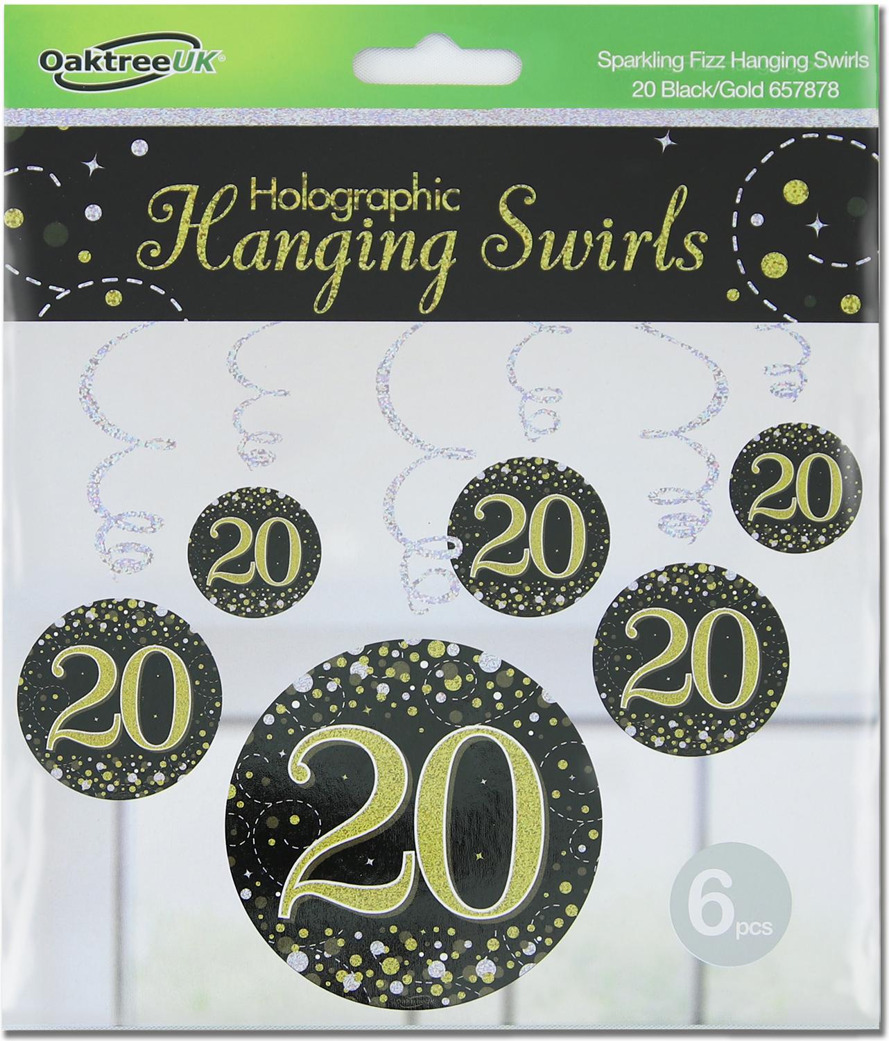20th Black / Gold Sparkling Fizz Hanging Swirls 6pcs