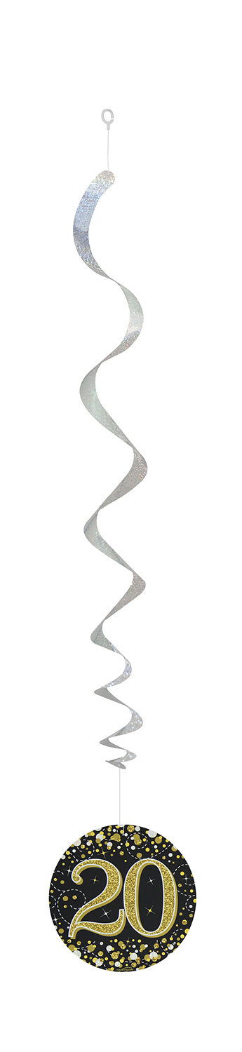 20th Black / Gold Sparkling Fizz Hanging Swirls 6pcs