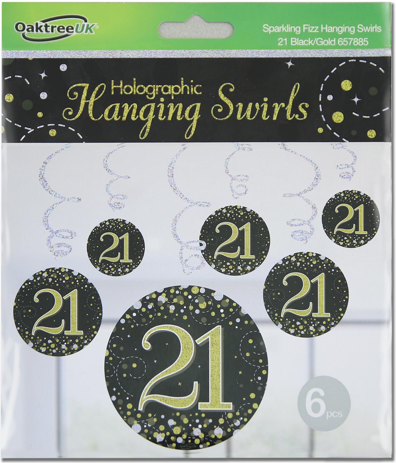 21st Black / Gold Sparkling Fizz Hanging Swirls 6pcs
