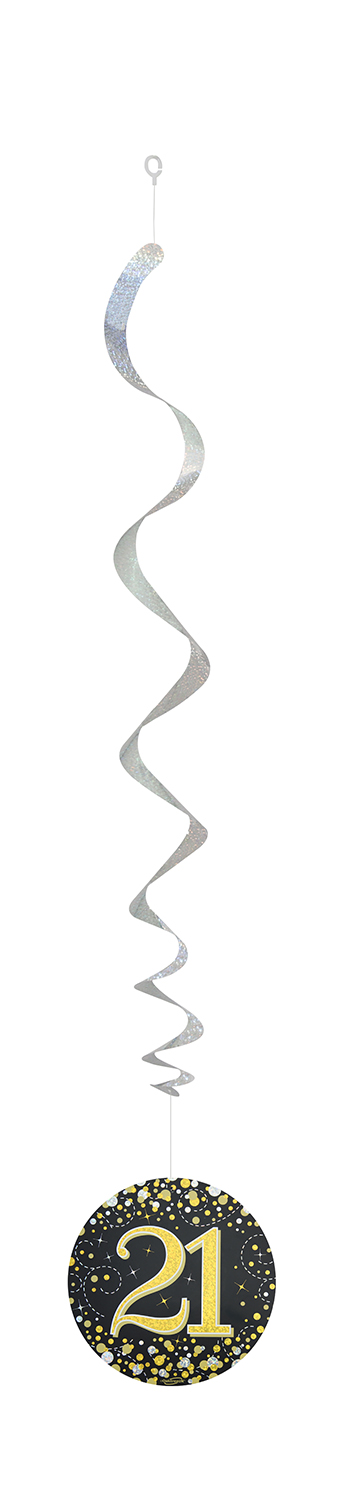 21st Black / Gold Sparkling Fizz Hanging Swirls 6pcs