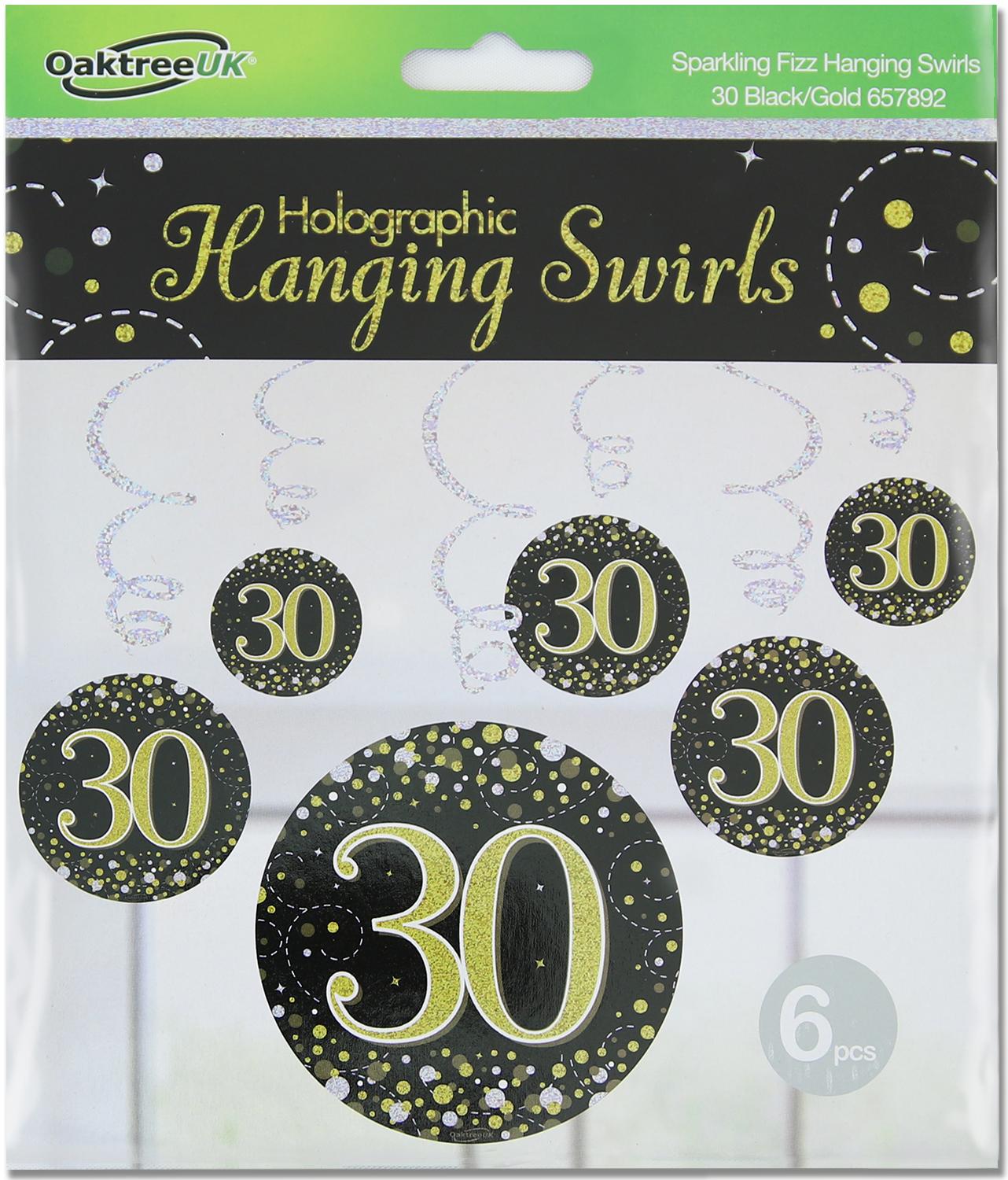 30th Black / Gold Sparkling Fizz Hanging Swirls 6pcs