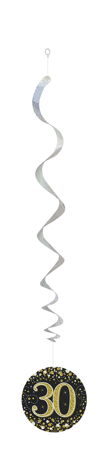 30th Black / Gold Sparkling Fizz Hanging Swirls 6pcs