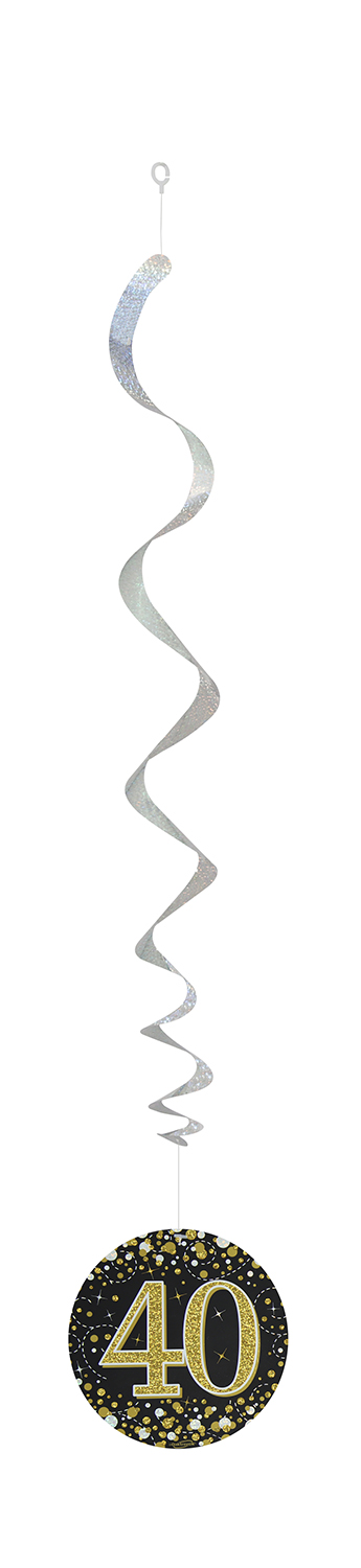 40th Black / Gold Sparkling Fizz Hanging Swirls 6pcs