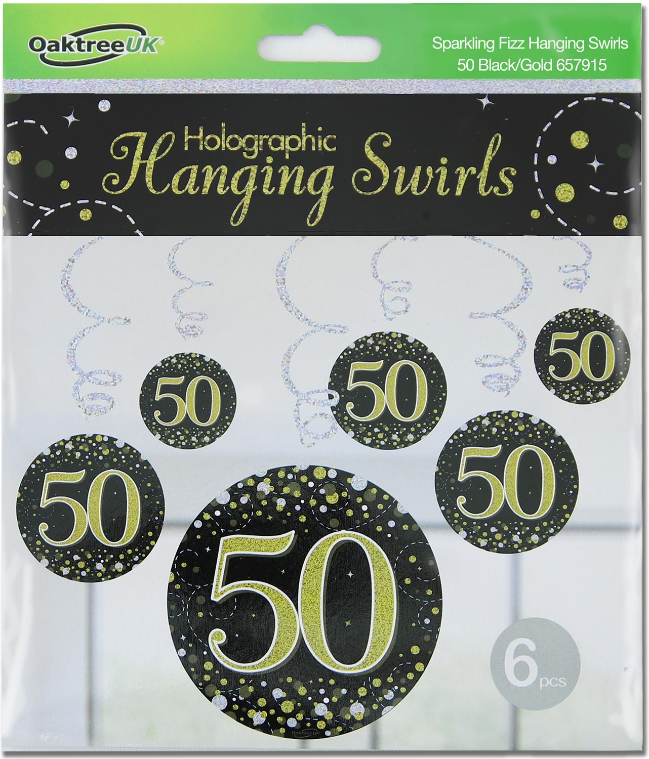 50th Black / Gold Sparkling Fizz Hanging Swirls 6pcs