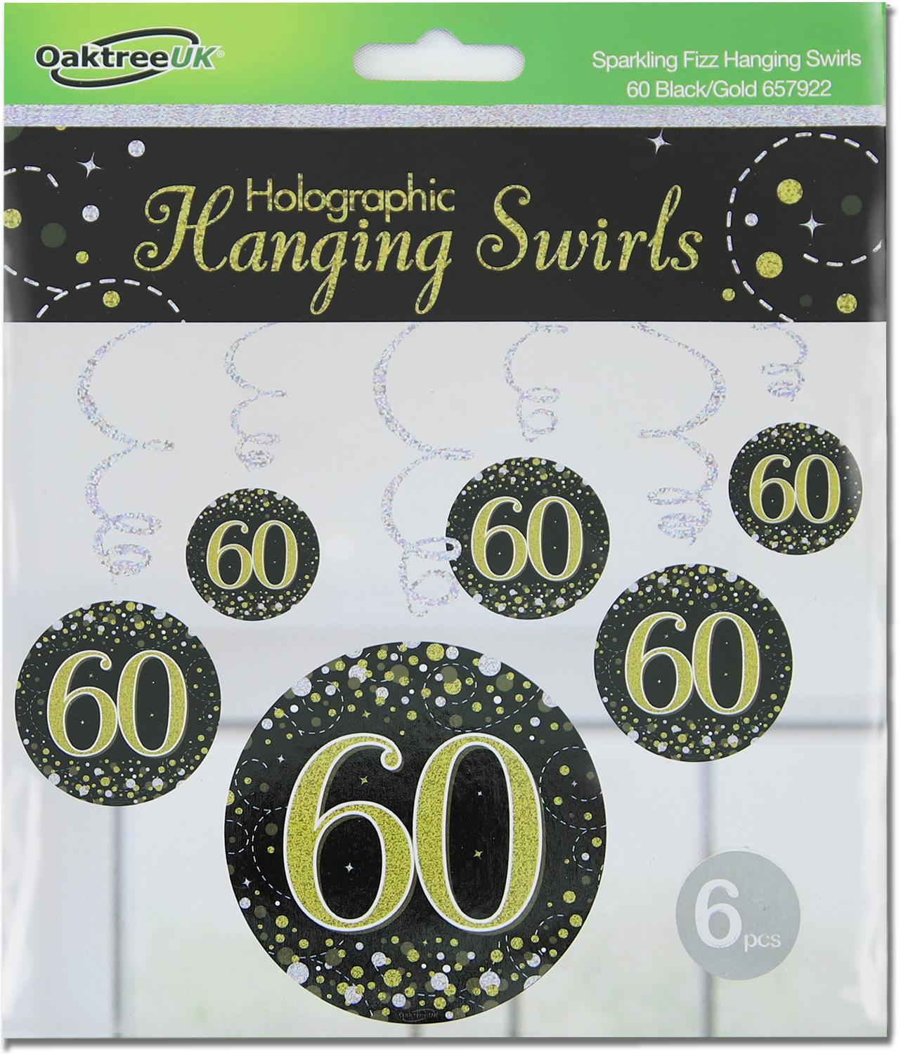 60th Black / Gold Sparkling Fizz Hanging Swirls 6pcs