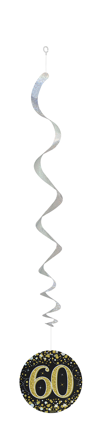 60th Black / Gold Sparkling Fizz Hanging Swirls 6pcs