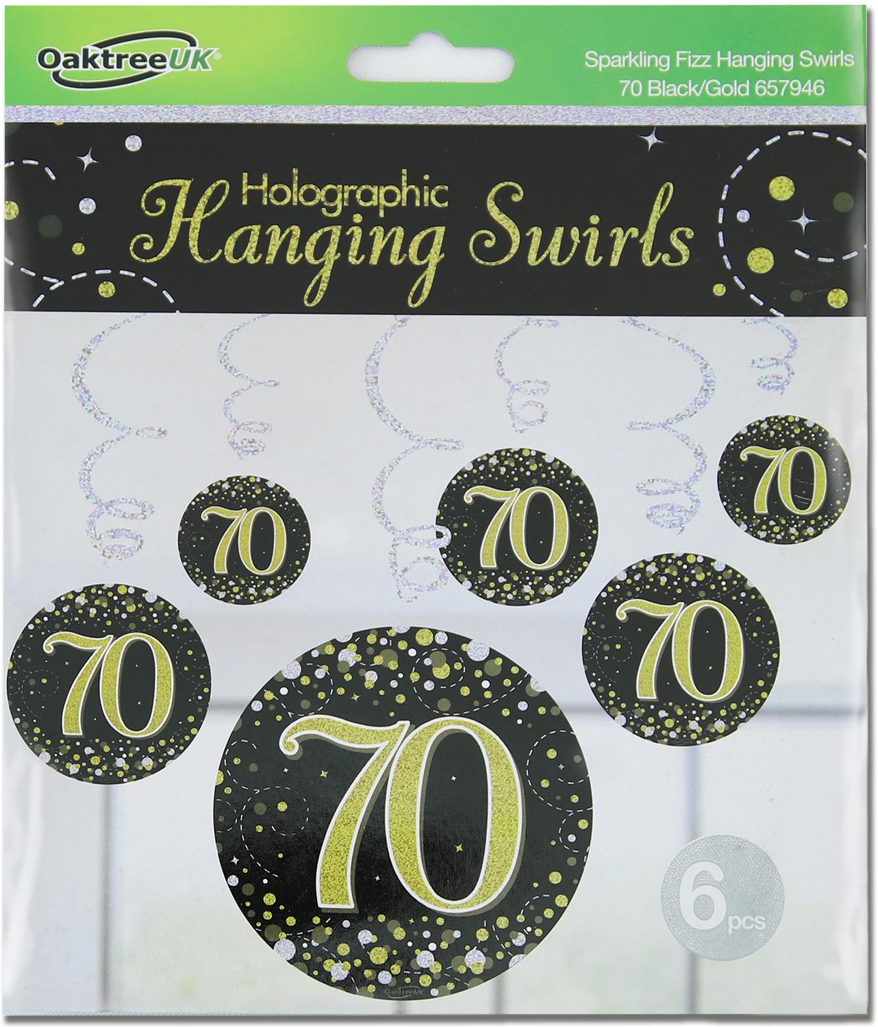 70th Black / Gold Sparkling Fizz Hanging Swirls 6pcs
