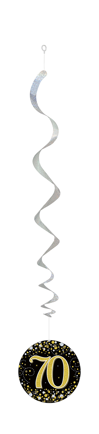 70th Black / Gold Sparkling Fizz Hanging Swirls 6pcs