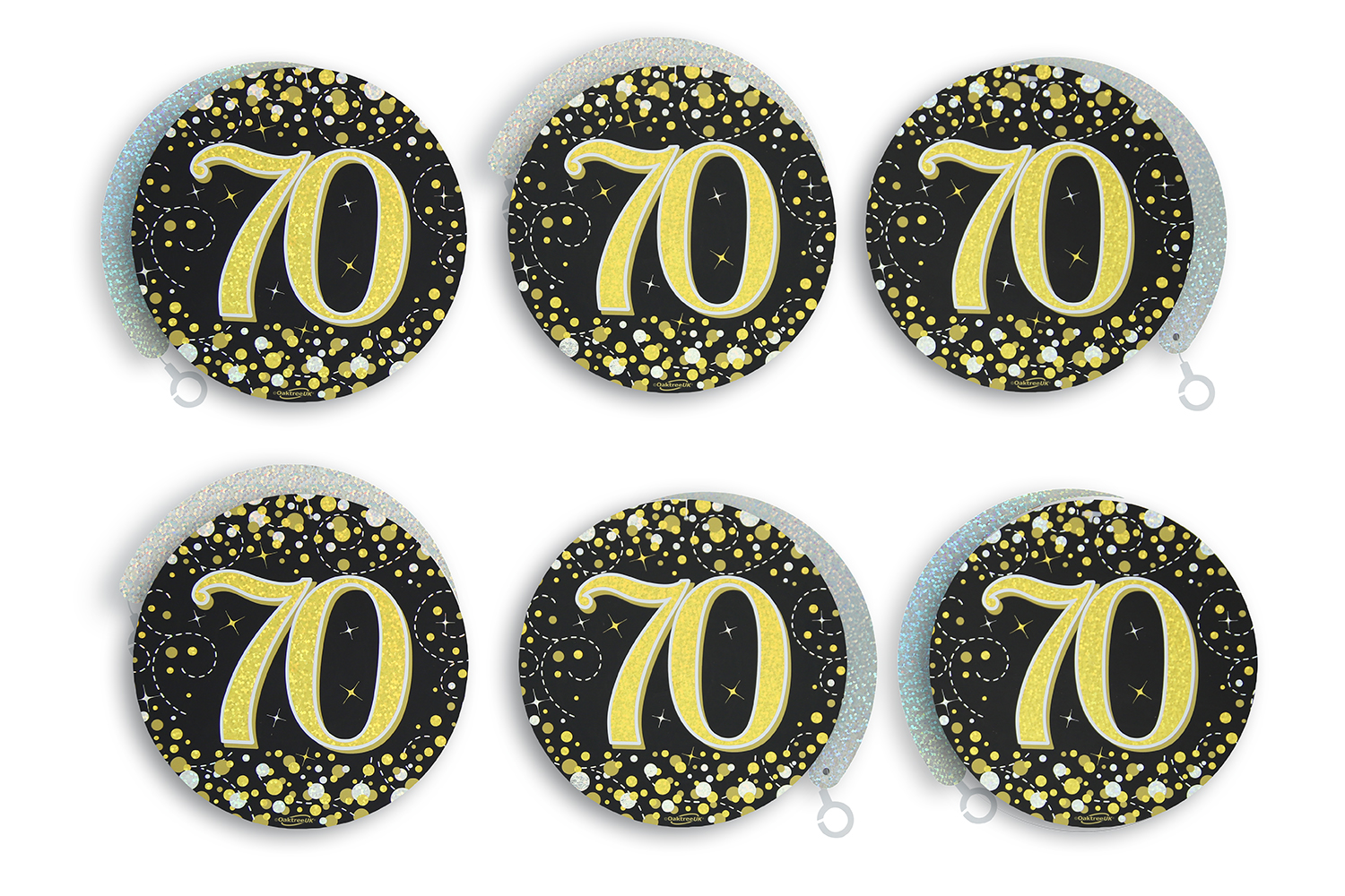 70th Black / Gold Sparkling Fizz Hanging Swirls 6pcs