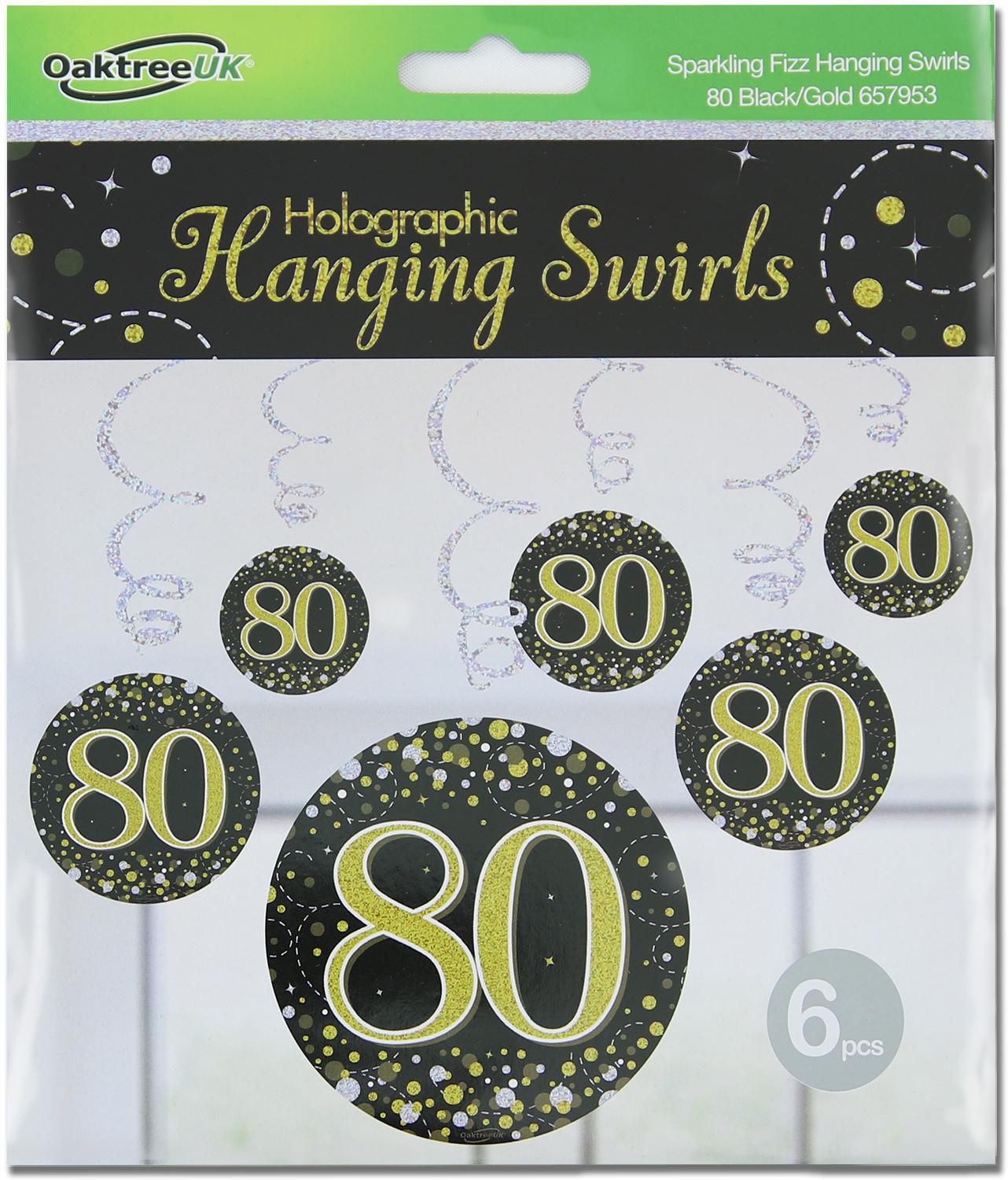 80th Black / Gold Sparkling Fizz Hanging Swirls 6pcs