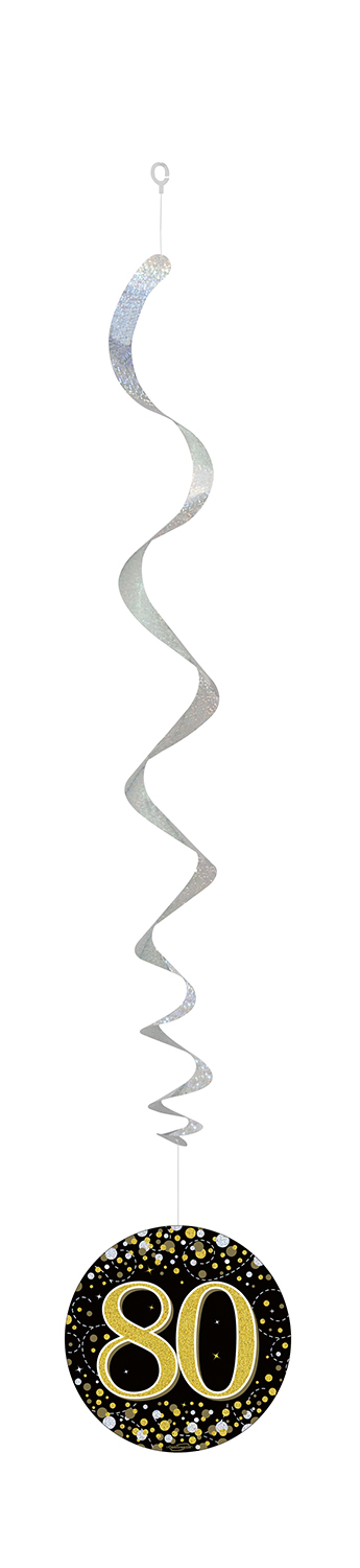 80th Black / Gold Sparkling Fizz Hanging Swirls 6pcs