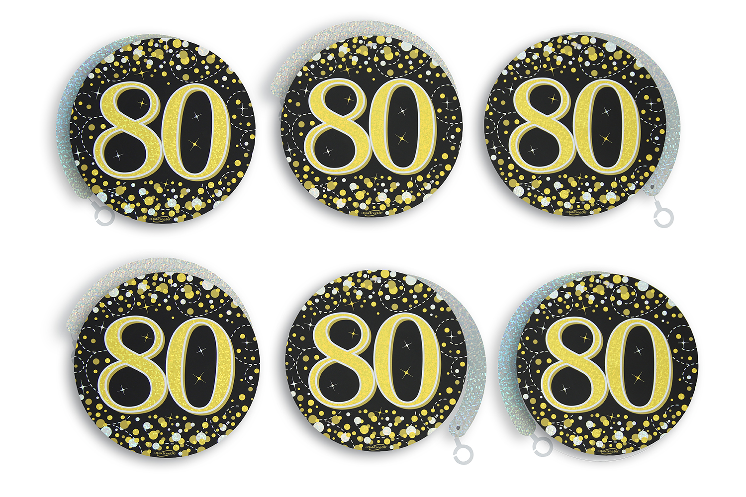 80th Black / Gold Sparkling Fizz Hanging Swirls 6pcs