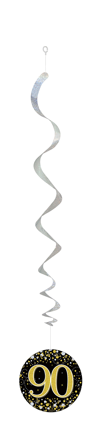 90th Black / Gold Sparkling Fizz Hanging Swirls 6pcs