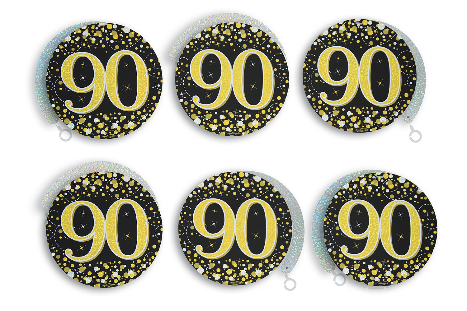 90th Black / Gold Sparkling Fizz Hanging Swirls 6pcs