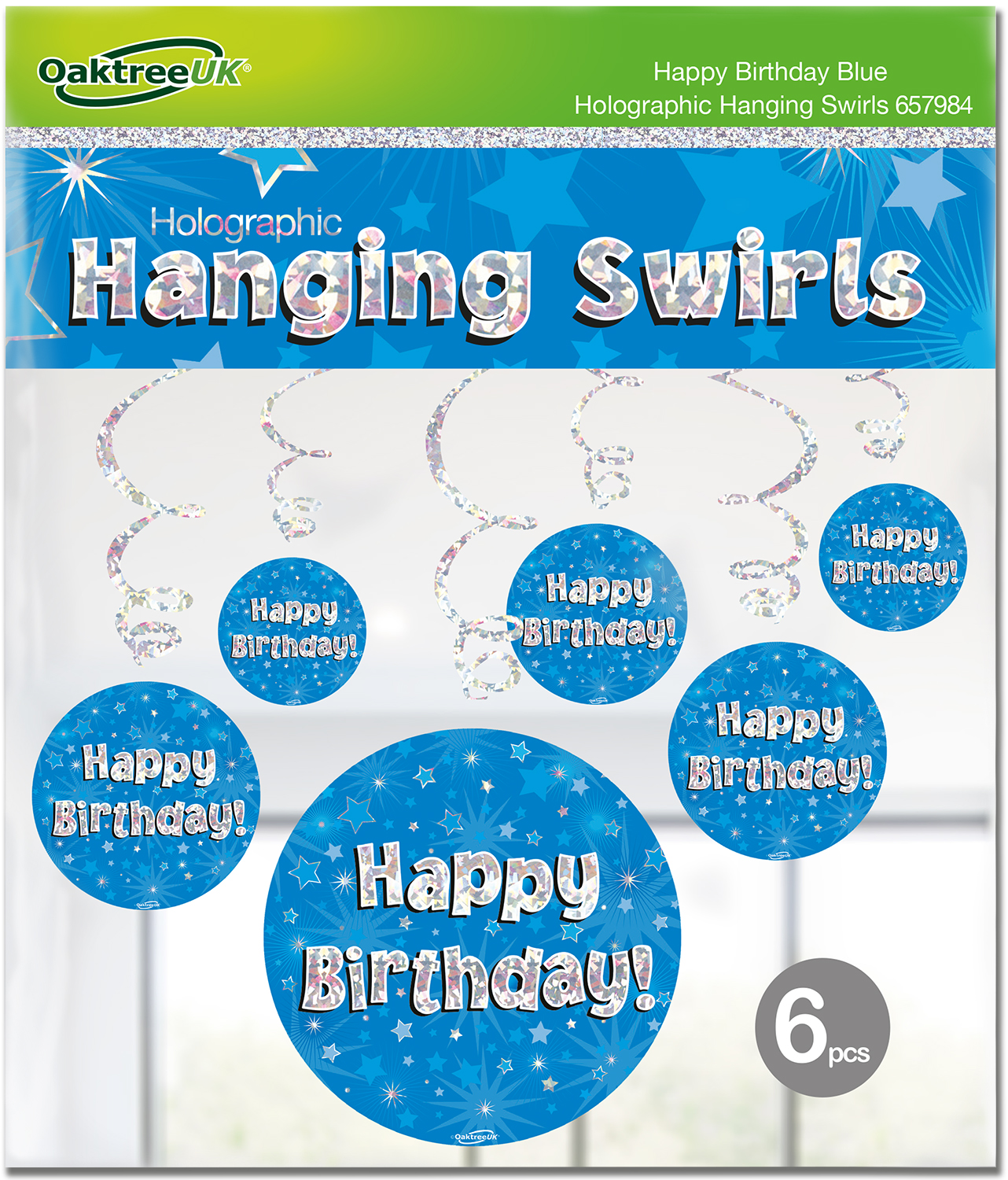 Blue Happy Birthday Holographic Hanging Swirls 6pcs