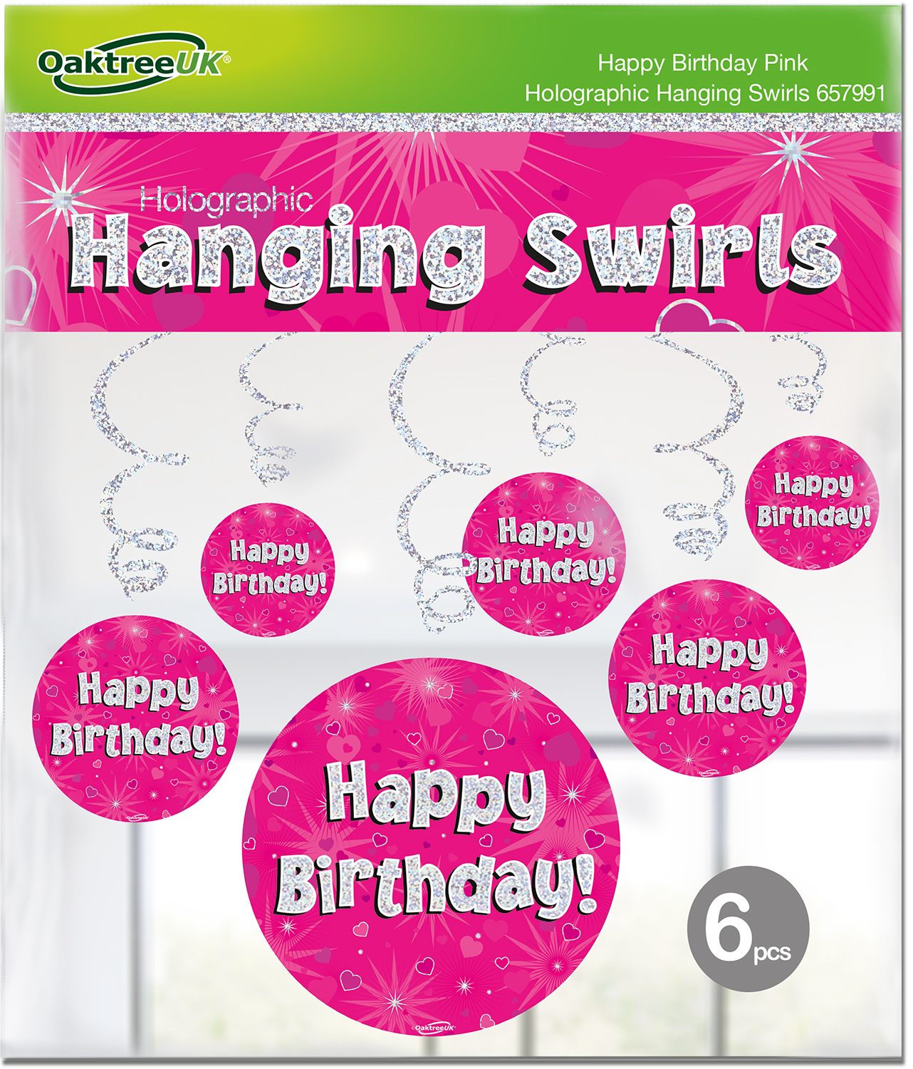  Pink Happy Birthday Holographic Hanging Swirls 6pcs