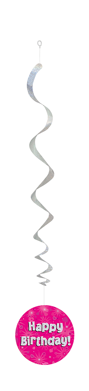  Pink Happy Birthday Holographic Hanging Swirls 6pcs