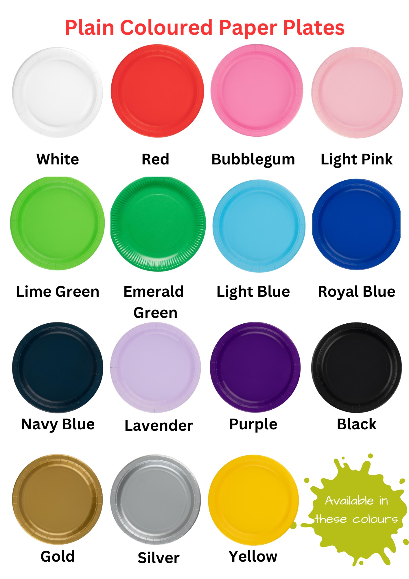 Disposable Plain Colour Paper Plates (8 pack)