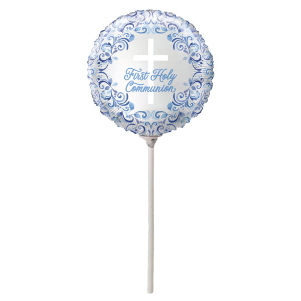Blue Holy Cross "First Holy Communion" Mini 9" Foil Stick Balloon (Supplied Inflated)