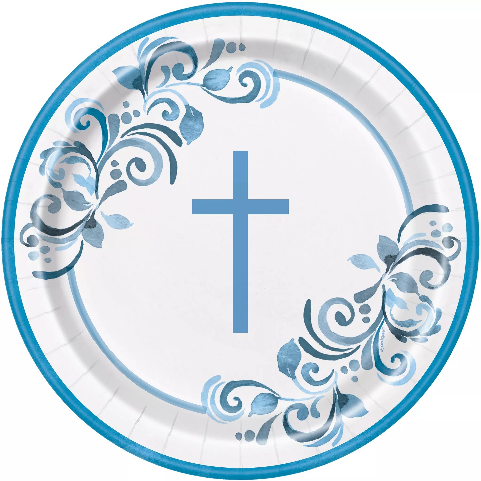 9 Inch Blue Holy Cross Paper Plates (8 Pack)