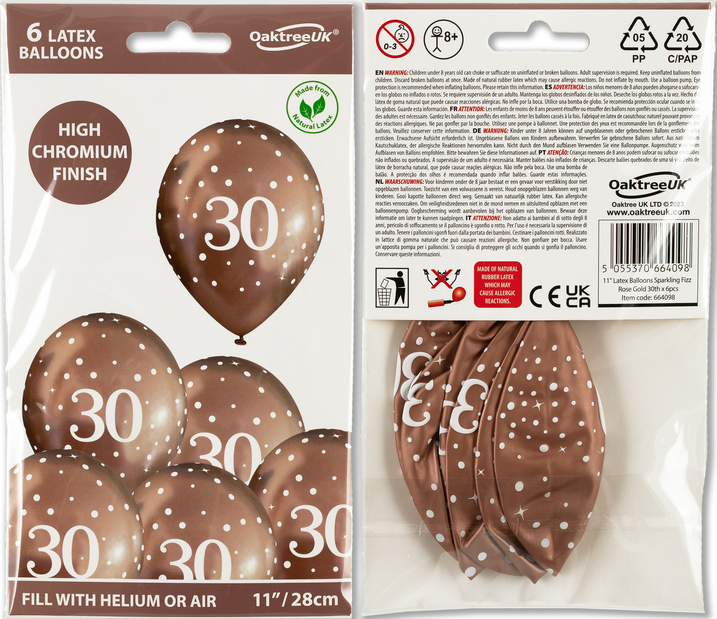 11inch Sparkling Fizz Rose Gold 30th Birthday Latex balloons - 6 pack