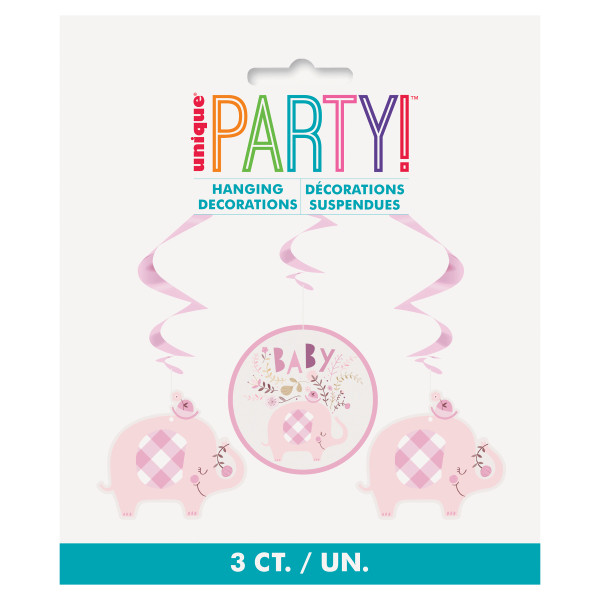 Pink Floral Elephant Hanging Swirl Decorations 26in (3 pack)
