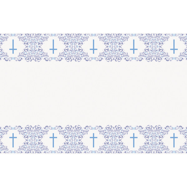 Blue Holy Cross Rectangular Plastic Table Cover 54in x 84in