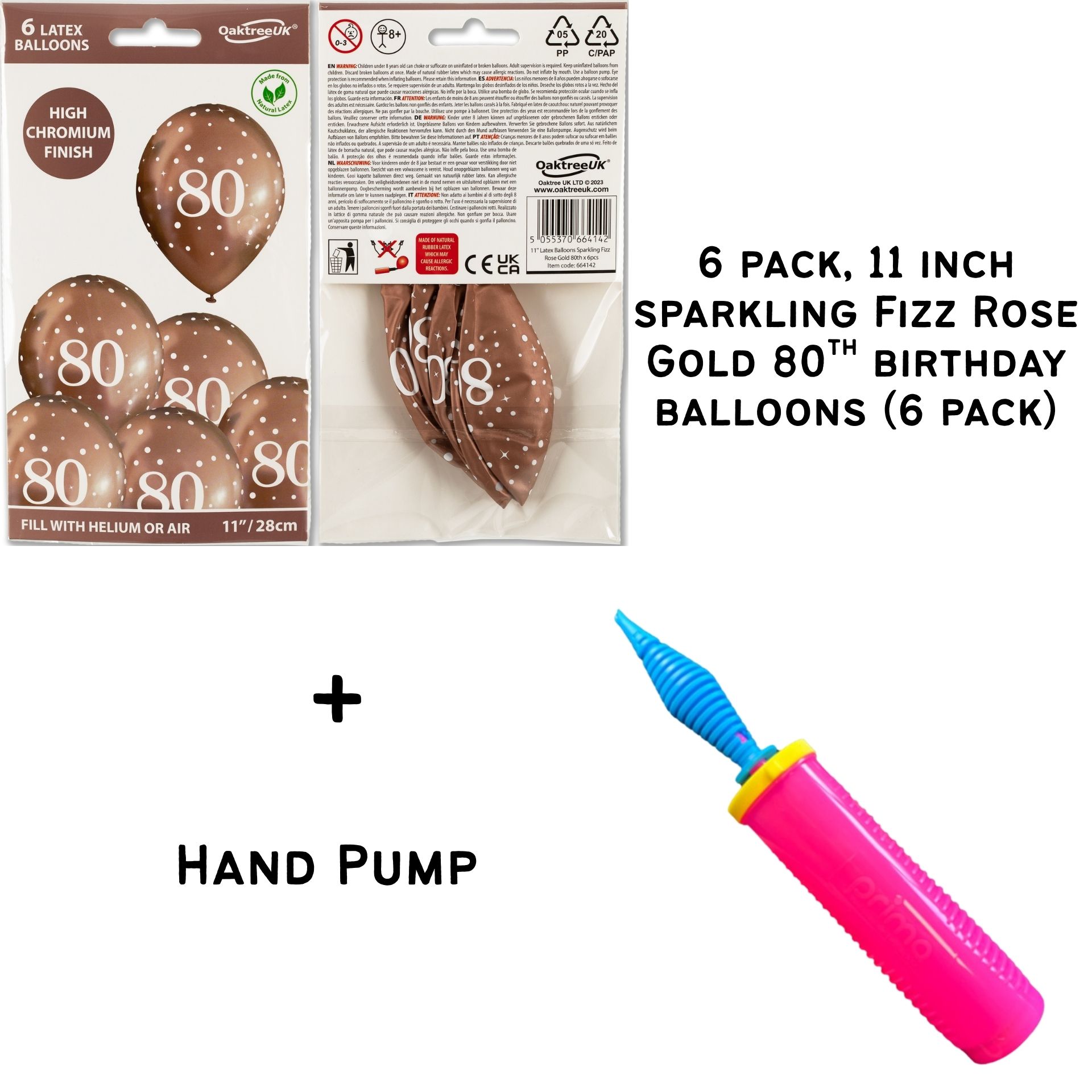 11inch Sparkling Fizz Rose Gold 80th Birthday Latex balloons - 6 pack
