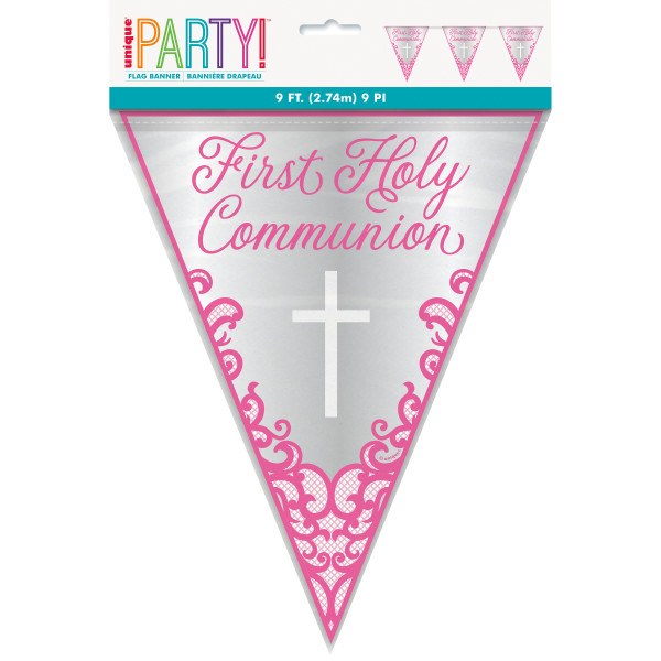 Fancy Pink Holy Cross First Holy Communion Foil Banner 9 ft - Long Fold