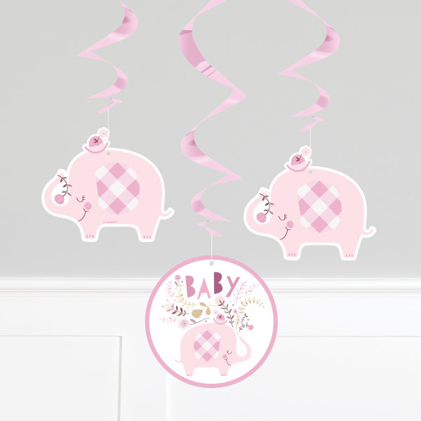Pink Floral Elephant Hanging Swirl Decorations 26in (3 pack)