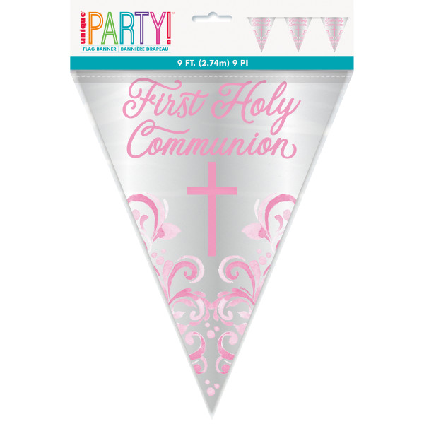 Pink Holy Cross First Holy Communion Foil Flag Banner 9 ft - Long Fold