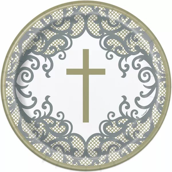 9 Inch Gold & Silver Cross Round Paper Plates (8 pack)