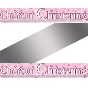 Pink 'On Your Christening' 9ft Holographic Banner