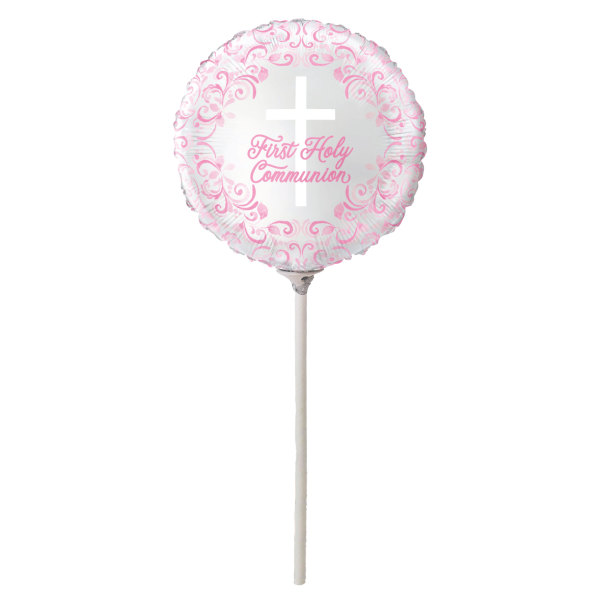 Pink Holy Cross "First Holy Communion" Mini 9" Foil Stick Balloon (Supplied Inflated)