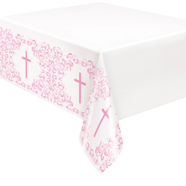 Pink Holy Cross Rectangular Plastic Table Cover 54in x 84in