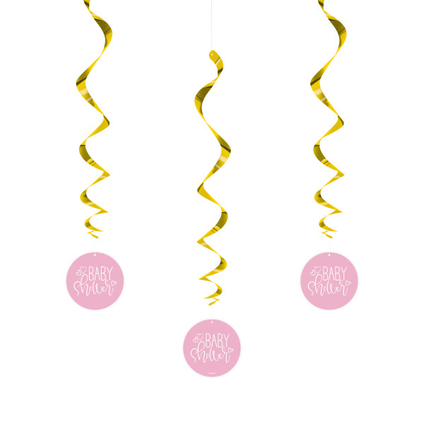 Pink Hearts Baby Shower Hanging Swirl Decorations 26in (3 pack)
