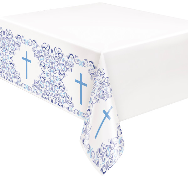 Blue Holy Cross Rectangular Plastic Table Cover 54in x 84in