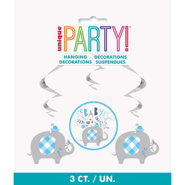 Blue Floral Elephant Hanging Swirl Decorations 26" 3ct