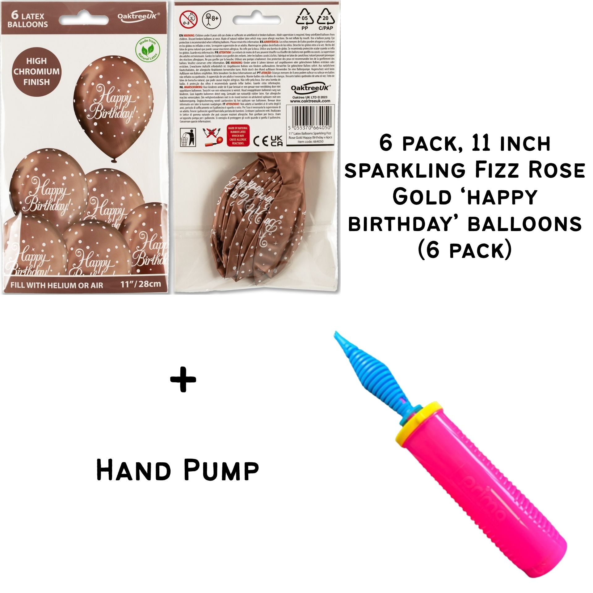 11inch Rose Gold Sparkling Fizz 'Happy Birthday' Latex Balloons  (6 pack)