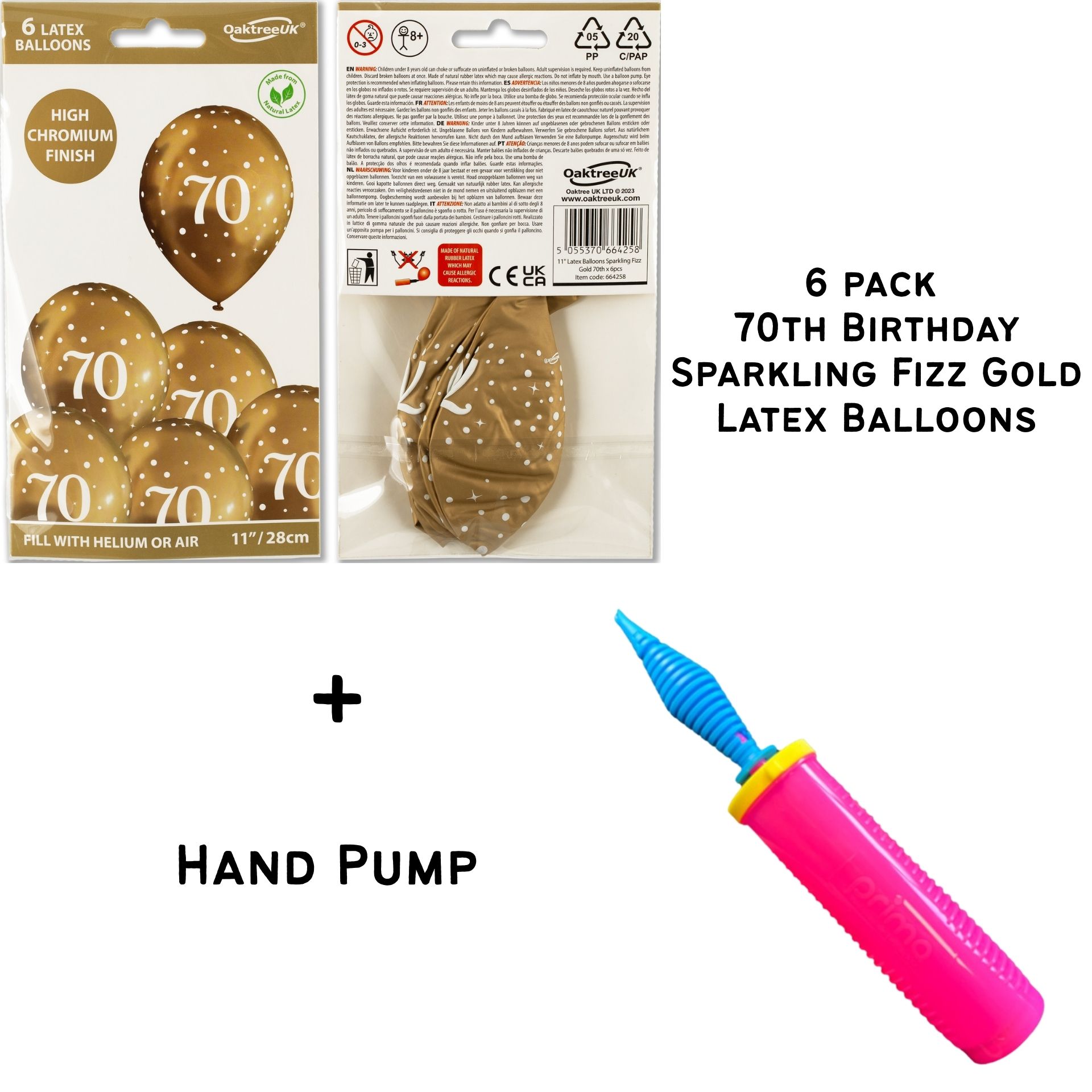 70th Birthday Sparkling Fizz Gold Latex Balloons (6 pack)