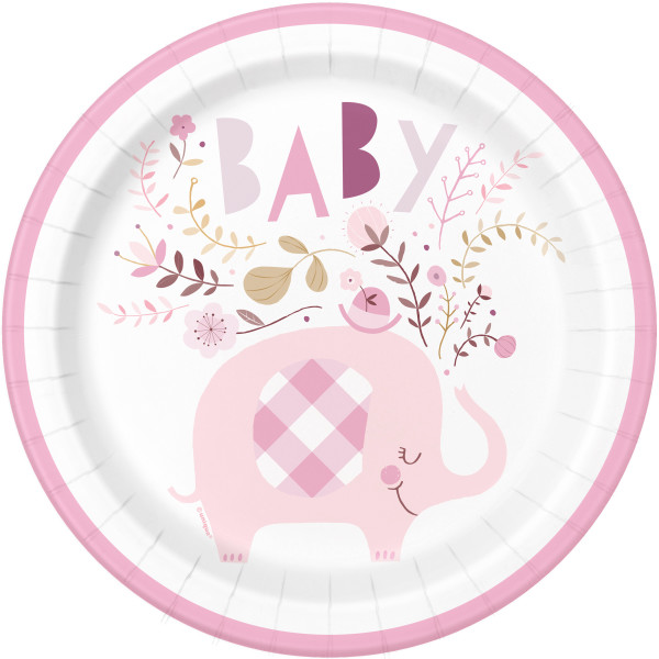 Pink Floral Elephant Round 9" Paper Plates (8 pack)