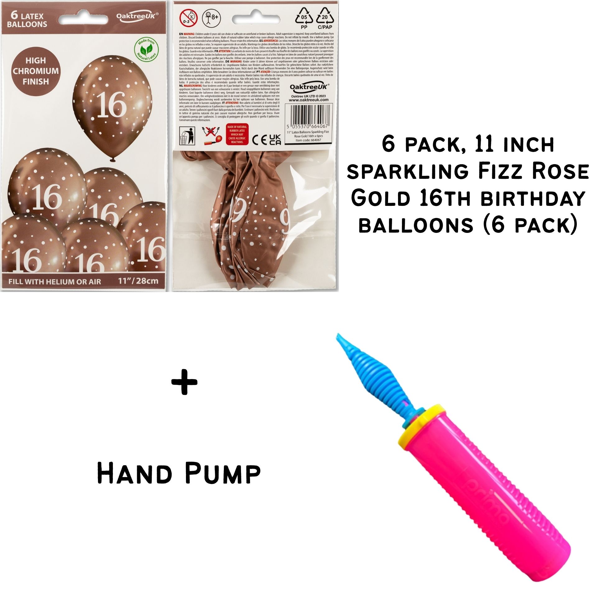 11inch Sparkling Fizz Rose Gold 16th Birthday Latex balloons - 6 pack