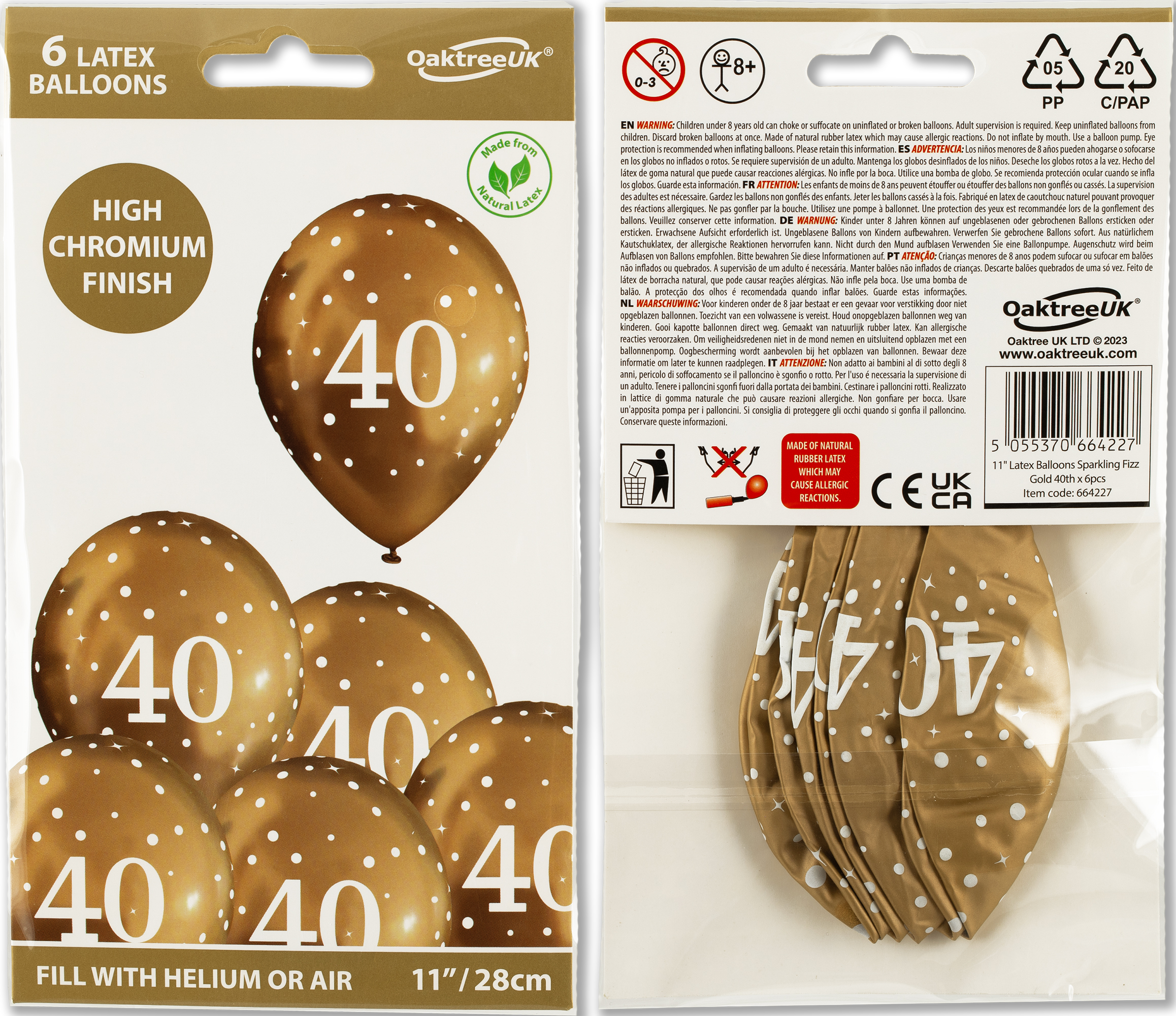 40th Birthday Sparkling Fizz Gold Latex Balloons (6 pack)