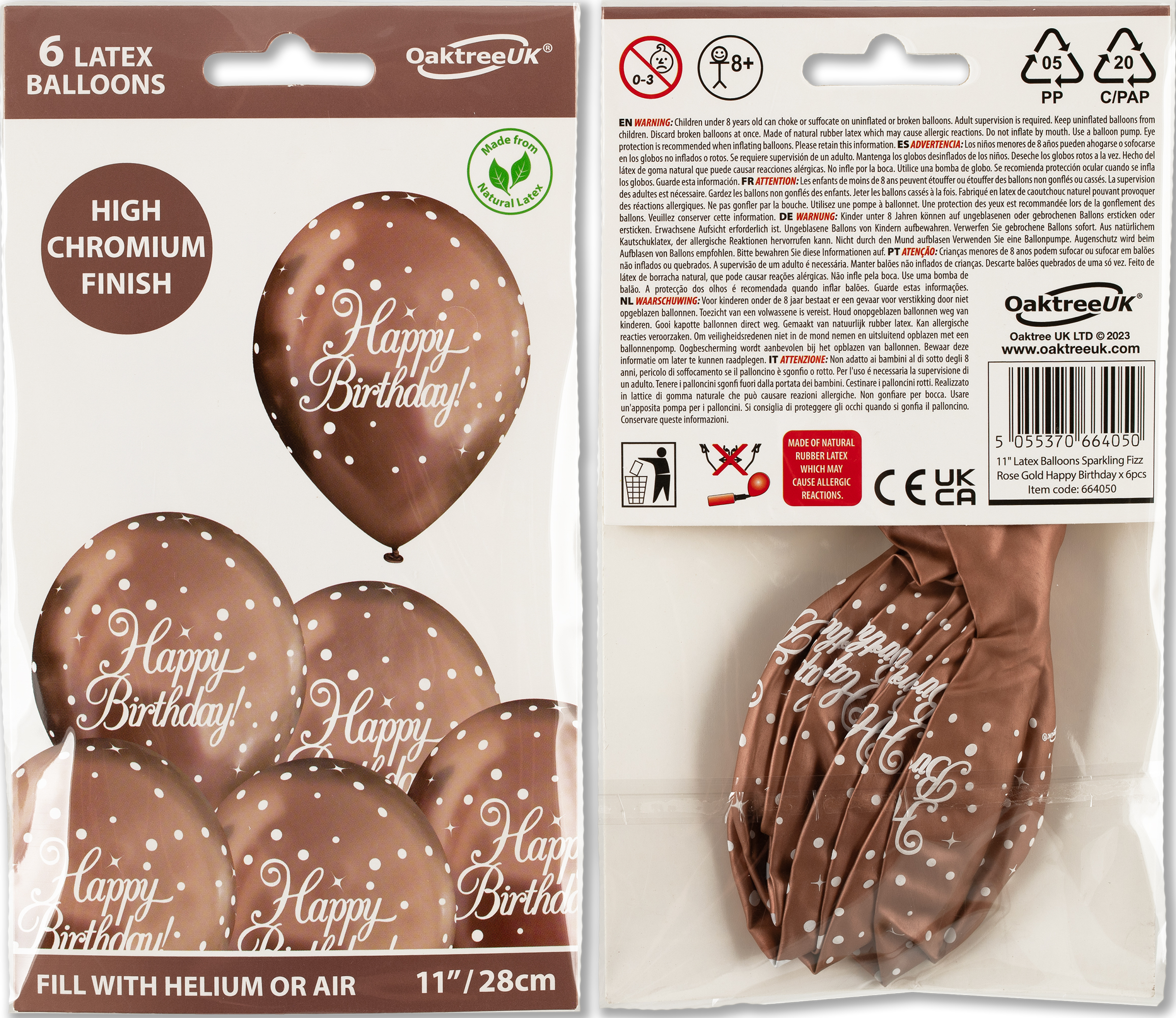 11inch Rose Gold Sparkling Fizz 'Happy Birthday' Latex Balloons  (6 pack)