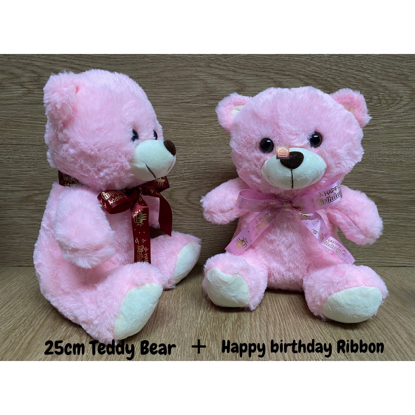 [ HappyBirthday ] 25cm Pink Teddy Bear + Birthday Ribbon