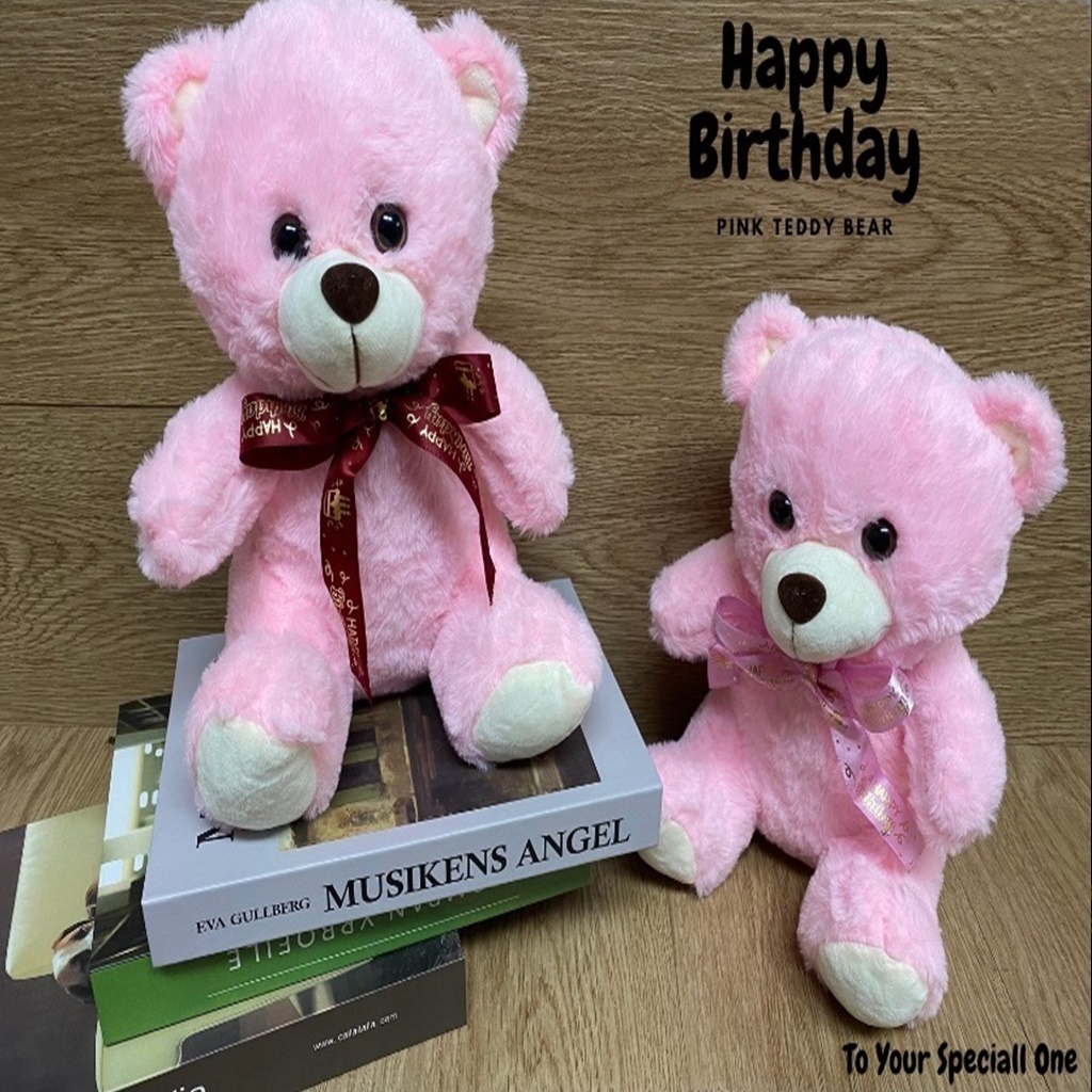 [ HappyBirthday ] 25cm Pink Teddy Bear + Birthday Ribbon