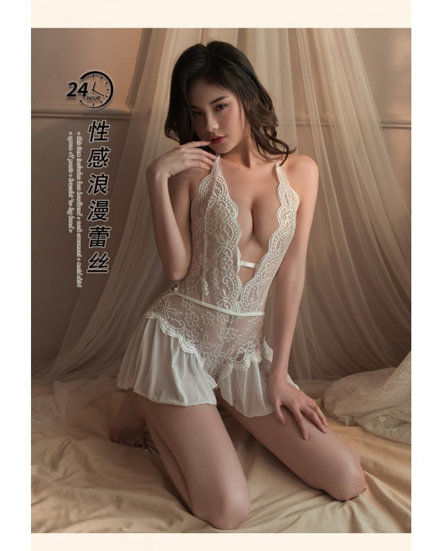 White Sexy Lace Temptation Hollow Open Crotch Bodysuit Women's Sleepwear JL0373 (Fits XS - S)